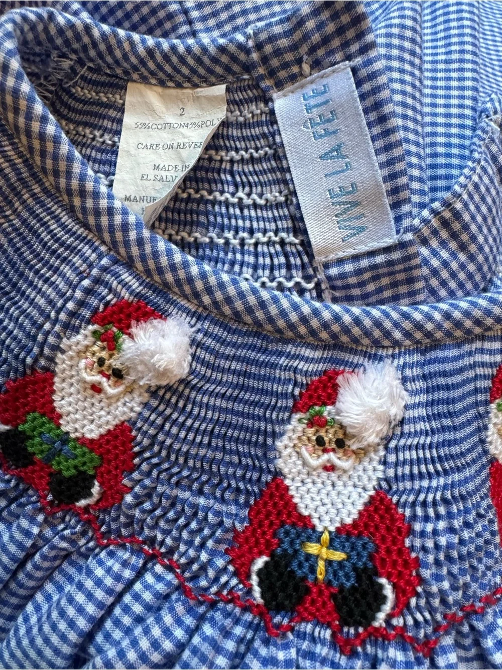 Blue Gingham Smocked Kids Dress with Santa Motif